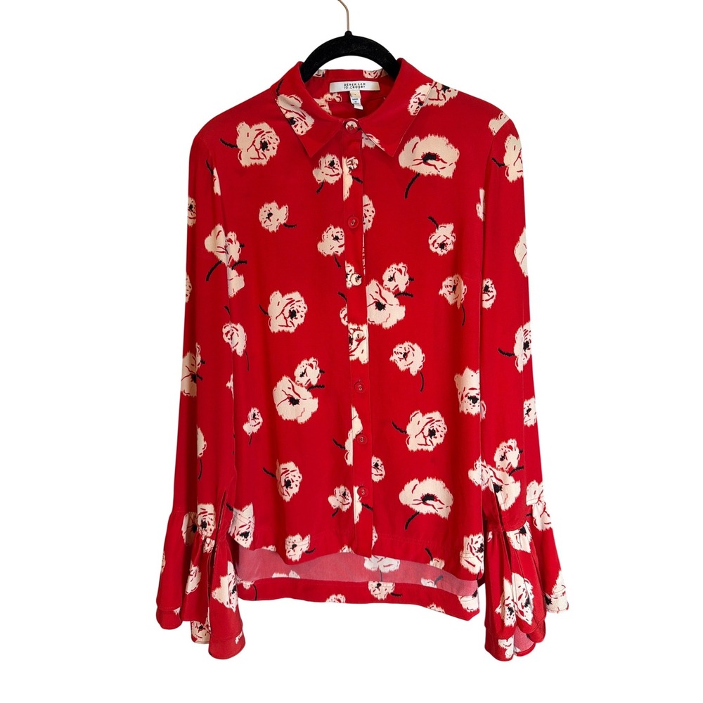 Derek Lam 10 Crosby Red Floral Silk Bell Sleeve Blouse Button Up Top Size 6